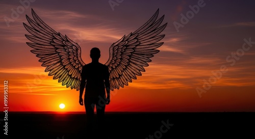 Silhouette of an angel with large wings standing against a vibrant sunset sky.