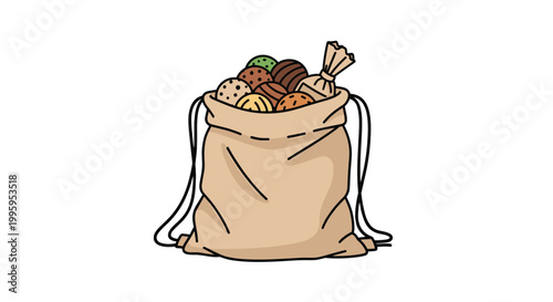 Brown burlap sack filled with various assorted cookies and a single wrapped candy piece in a simple cartoon style for snacks and bakery treats.