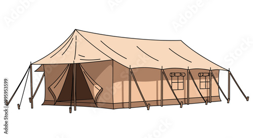 Large canvas military style tent with side windows and support poles set against a white background for camping and adventure shelter themes.