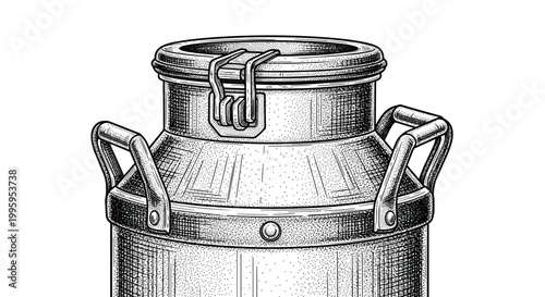 Close up detailed stippled drawing of the top and sturdy handles of a traditional vintage metal milk can for rustic and farmhouse dairy themes.