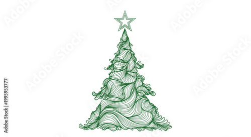 Intricate green Christmas tree illustration composed of swirling organic lines and a multi-layered star topper for festive holiday card designs.