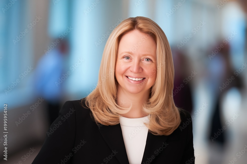 Fototapeta premium Smiling professional businesswoman portrait in modern office environment representing confidence leadership and successful corporate career