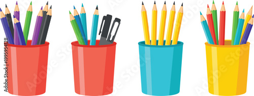 Fotografie Stationery Organizer Vector with Colorful Pencils, Pens, and Markers in Pots for