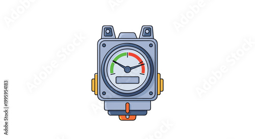 Industrial pressure gauge meter with a colorful dial showing green and red zones is illustrated in a detailed technical graphic style.