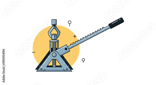 Industrial mechanical jack with a long lever handle and gear mechanism is presented in a clean line art style against a yellow circle.