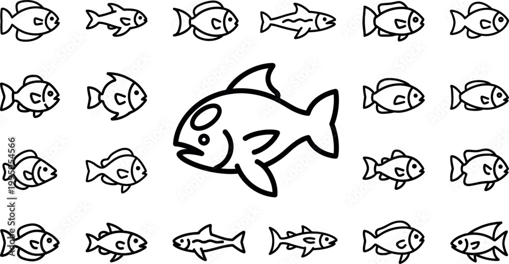 Obraz premium Collection of black outline fish on white background, diverse shapes black and white