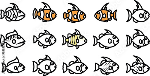 Collection of fifteen cartoon fish with varied patterns and orange accents marine life animal