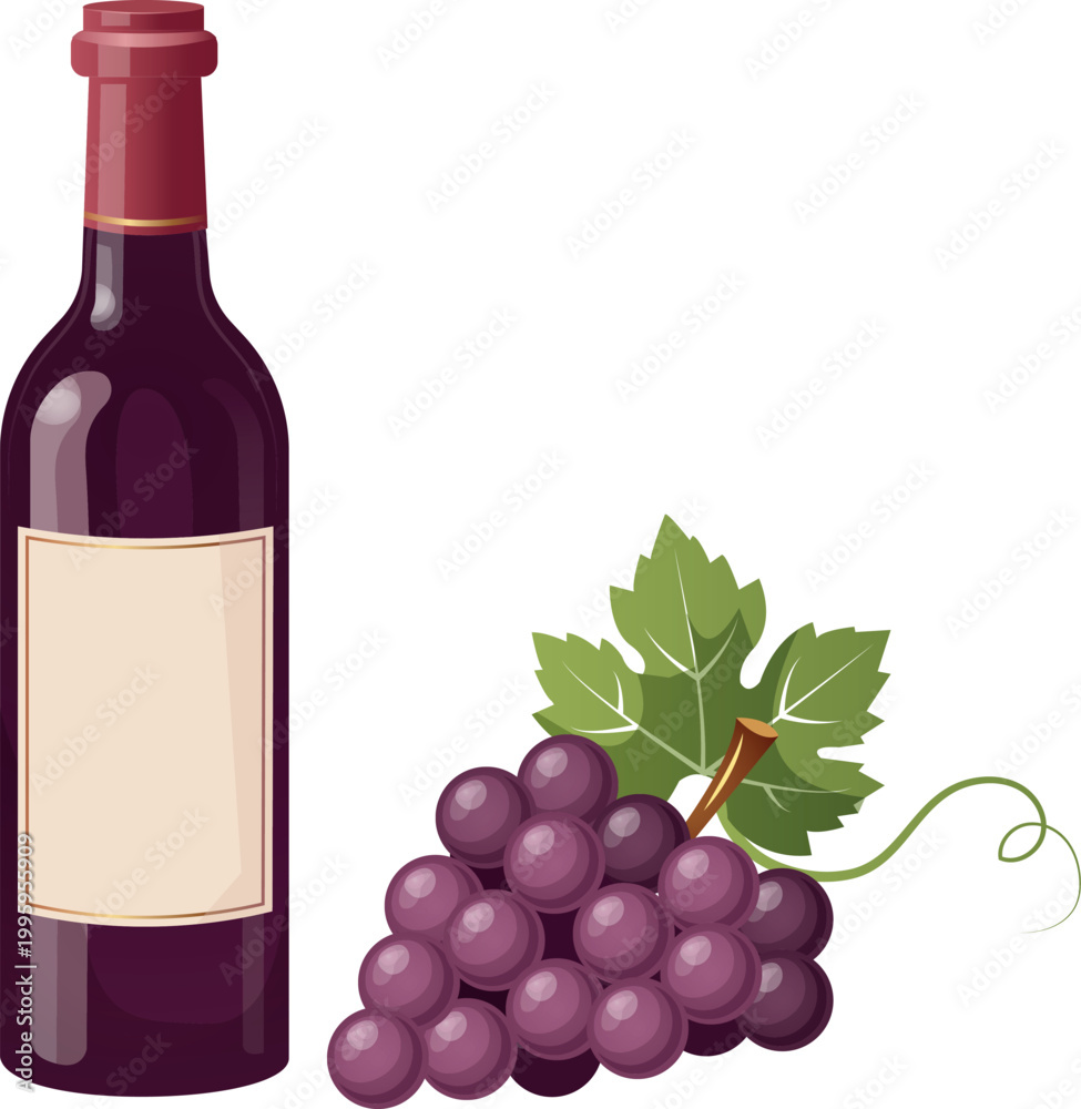 Obraz premium Wine bottle with grape cluster, vineyard concept, elegant flat vector illustration