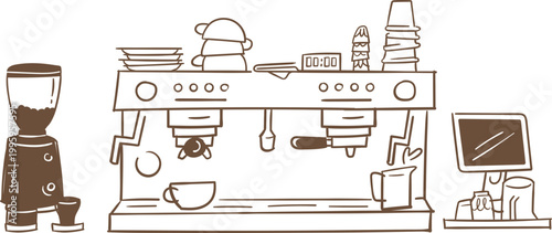 espresso machine barista workspace doodle line art illustration