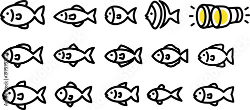 Collection of simple black fish and a yellow flashlight on white background