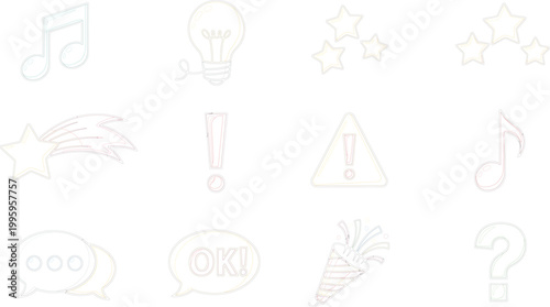 Doodle Style Emoji Icon Set with Music, Lightbulb, Stars, Warning, Chat, and Celebration Symbols for Fun and Creative Designs