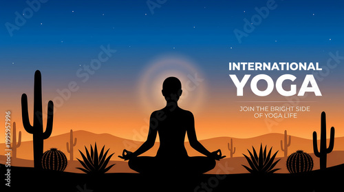 Silhouette of a person meditating in desert landscape during sunset for international yoga day celebrationTap on a clip to paste it in the text box.