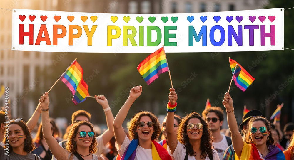 Fototapeta premium Rainbow flags and hearts on a banner celebrate Pride Month with joyful crowds, symbolizing unity, diversity, and LGBTQ+ pride