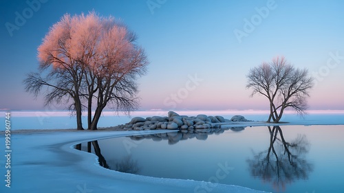 Scenic winter landscape captures stunning reflections of frosted trees in still water under a pastel sky.