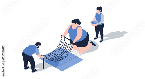 Teamwork and Collaboration - People Working Together to Set Up a Net.