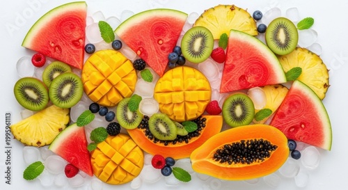 Vibrant Tropical Fruit Medley on Ice - Watermelon, Mango, Kiwi, Pineapple, Papaya, Berries, and Mint Leaves.