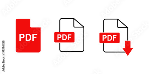 PDF file format icons set, PDF file download symbols, Element for design isolated on white background, for web and app. Flat vector illustration