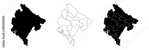 Montenegro map isolated on white background. Montenegro political map. High detailed. Solid simple style.Montenegro map silhouette linear and black illustration. Black and white. Vector editable