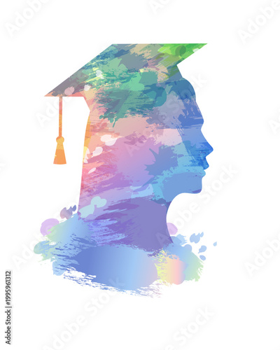 Watercolor portrait of a beautiful graduate girl. Class of 2026, Congrats graduation with a head of a graduate girl in a graduation cap. Vector concept for college photo album