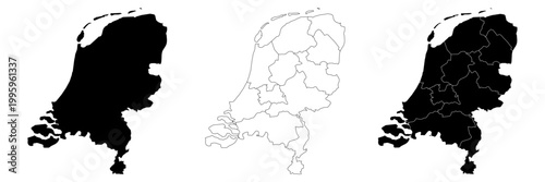 Netherlands map isolated on white background. Netherlands country map. Netherlands political map.Solid simple style. Netherlands map silhouette linear and black illustration. Black and white. Vector 
