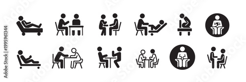 Set of icons depicting therapy sessions, counseling, and mental health support for individuals.