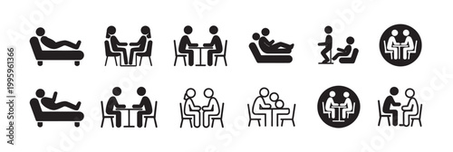 Collection of black and white icons illustrating therapy, counseling, and mental health consultations.