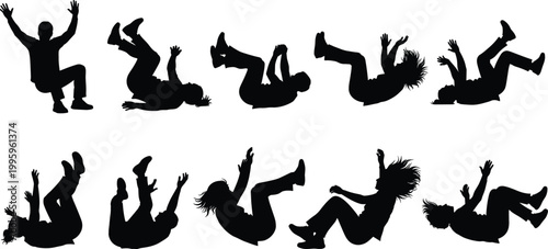People falling silhouettes set accident danger concept human figures in different falling poses black vector illustration isolated on light background