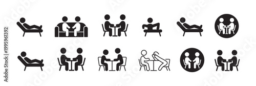 Abstract icons representing therapy, counseling, and mental health discussions between people.