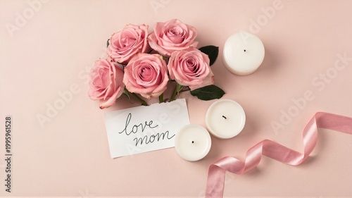 Pink roses with love mom card and candles on blush background