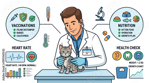 Veterinarian Examining a Cat with Health Information Graphics.