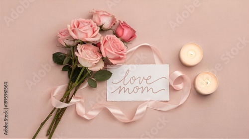 Pink roses with love mom card and candles flat lay