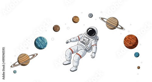 Astronaut floating in space surrounded by planets and stars.