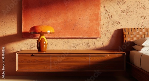 Modern bedroom interior with mushroom lamp on wooden console against textured terracotta wall