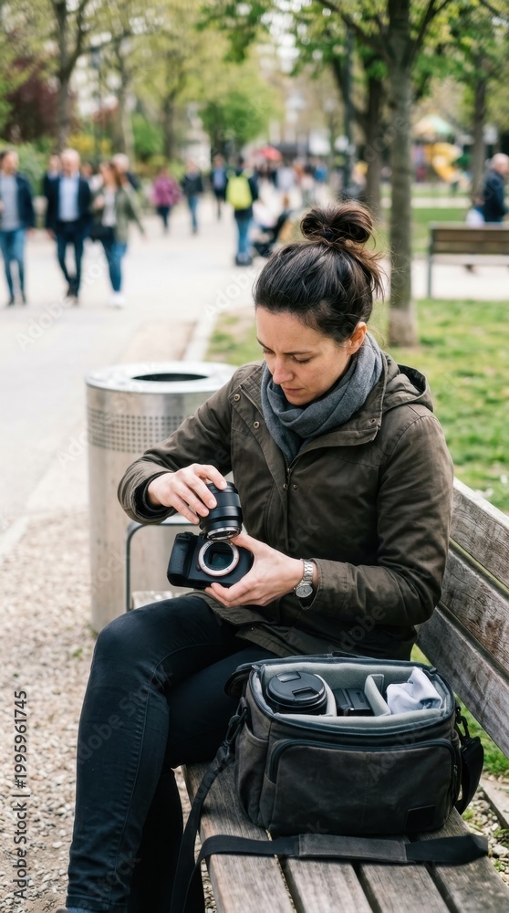 Fototapeta premium Photographer changing a lens while sitting in an urban park, highlighting the professional equipment and preparation involved in outdoor street photography.