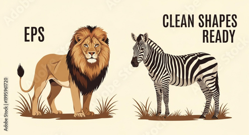 Lion and Zebra standing together in a savanna landscape illustration.