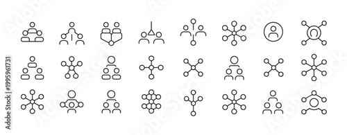 Minimalist line icons depicting network structures, connections, and organizational hierarchies.