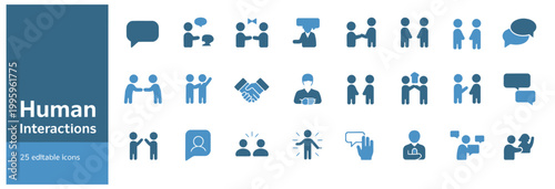 Collection of blue human interaction icons representing communication and relationships