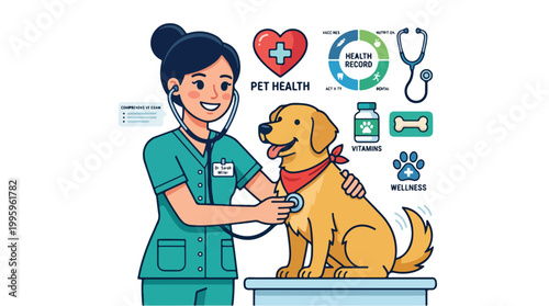 Veterinarian examining a healthy golden retriever dog with medical icons.