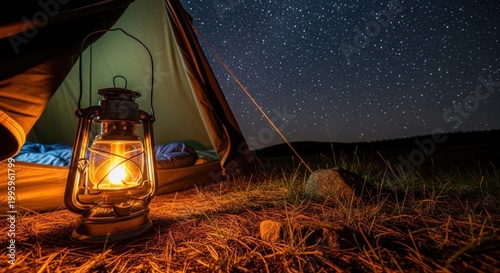 Vintage Lantern Illuminates Campsite Under Starry Night Sky.