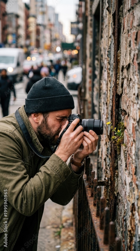 Street photographer focusing on small urban textures and details, demonstrating the diverse range of subjects found in city environments.