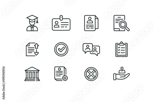 Outline icons for education, personal documents, and administrative tasks like approval and rejection.