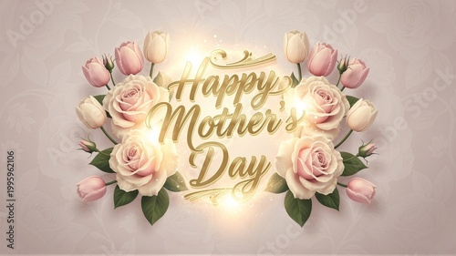 Happy Mother's Day gold text with roses and tulips