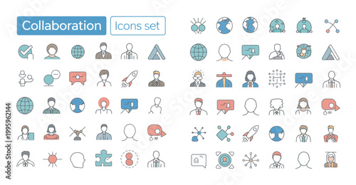 Diverse set of 60 editable icons for collaboration, teamwork, and business, featuring global connections.
