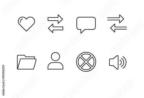 Set of 8 outline icons for digital actions: heart, bidirectional arrows, chat bubble, folder, user, mute.