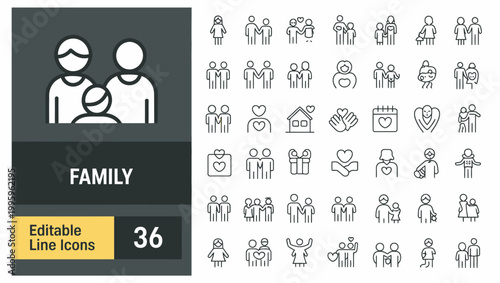 Editable line icons representing family relationships and connections with hearts.