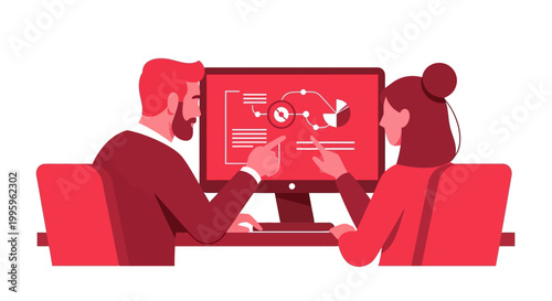 Business colleagues analyzing data on computer screen in office