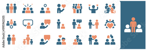 Set of modern icons in blue and orange depicting teamwork, communication, and people relationships.