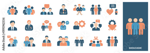Business people icons in blue and orange, showcasing teamwork, communication, and professional relationships.