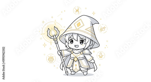 Cartoon wizard with magic staff.