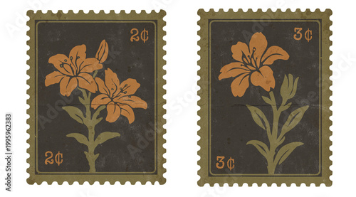 Vintage Postage Stamp with Orange Lily Flower, isolated on transparent background. Retro Botanical Grunge Set with Aged Dark Background